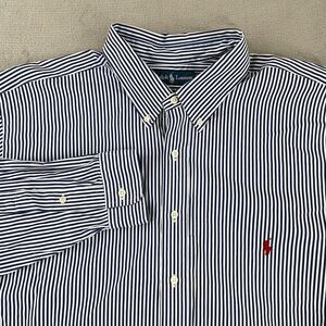 Polo Ralph Lauren Shirt‎ Men 2XLT Blue White Striped Custom Fit Red Pony Preppy